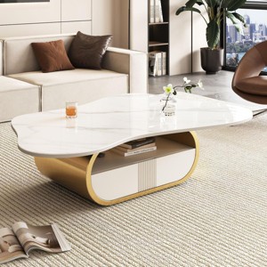 41.7" Modern Oval Coffee Table with Drawer and Open Shelf, White Faux Marble Top and Stainless Steel Base for Living Room-3irtyhousy - 1 of 4
