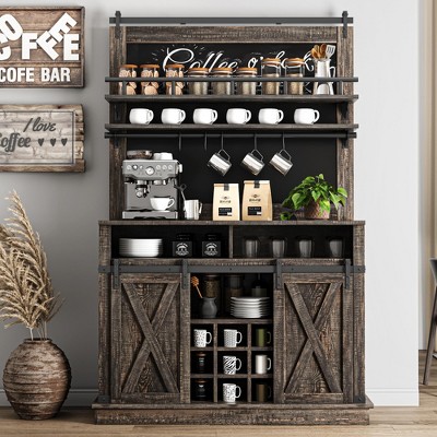 Coffee Bar Cabinet, Farmhouse Buffet Cabinet with Storage, 75" Tall Kitchen Buffet Sideboard with Sliding Barn Door, Coffee Hutch Cabinet