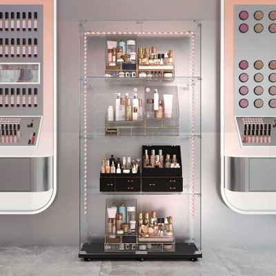 VYNXARIA Tempered Glass Display Cabinet,Wine & Storage Cabinet,Door Locks,Adjustable Feet for Uneven Ground,Black