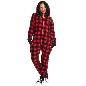 Tipsy Elves Red Plaid Christmas Jumpsuit - Cozy One Piece Pajamas with Christmas Red and Black Plaid Pattern for Men and Women - 1 of 4