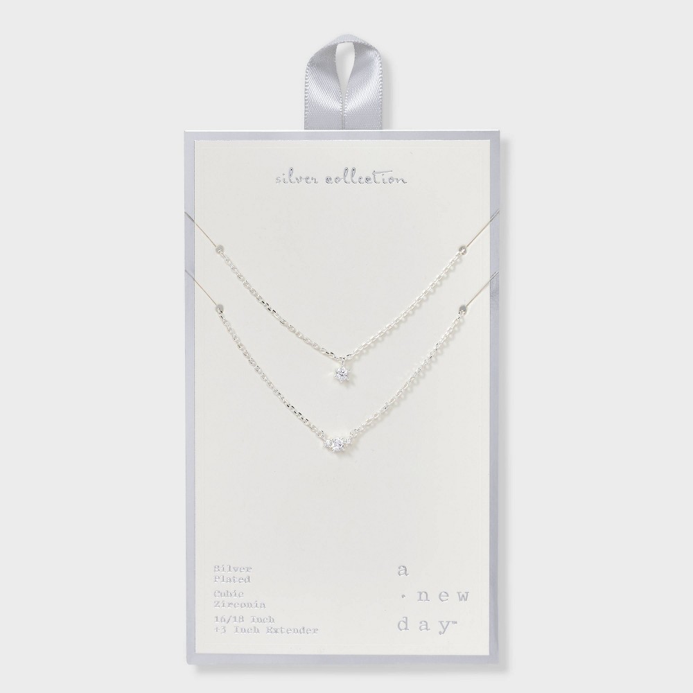 Silver Plated Cubic Zirconia Station Layered Necklace - A New Day™ Silver