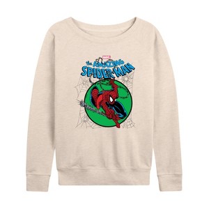 Women's - Marvel - Spider-man Green Circle Lightweight French Terry Wide Neck Long Sleeve Shirt - 1 of 4