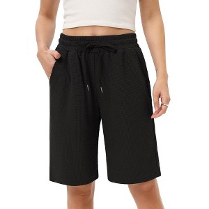 Women's Bermuda Shorts with Zipper Pockets Casual Summer Drawstring Jersey Shorts Elastic Waist Comfy Waffle Shorts - 1 of 4