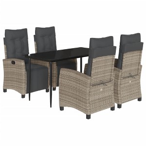 vidaXL 5 Piece Patio Dining Set with Cushions - Gray Poly Rattan & Tempered Glass Table for Outdoor Garden, Backyard, Deck, Patio - 1 of 4