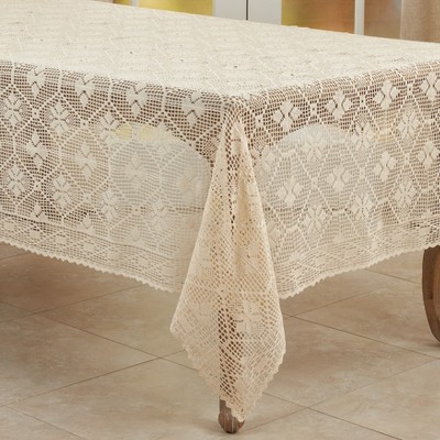 Saro Lifestyle Vintage Tablecloth With Crochet Design, Ecru, 65