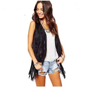 Women's Tassel Sleeveless Vest 70s Hippie Faux Suede Fringe Jacket Cardigan - 1 of 4