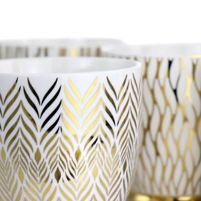 Gold Electroplated Fine Ceramic Mug Set, 4-Piece, White and Gold