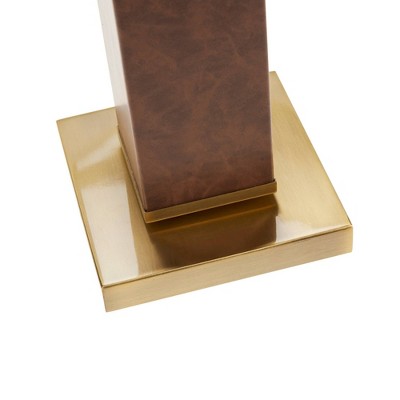 22" Brown Faux Leather Table Lamp with Gold Base and Ivory Shade