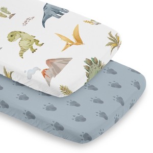 Sweet Jojo Designs Boy Baby Bassinet Fitted Sheets Set Watercolor Dinosaur Dino Blue Green and Orange 2pc - 1 of 4
