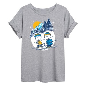 Women's - Peanuts - Charlie Brown And Linus Skiing Oversized Graphic T-Shirt - 1 of 4