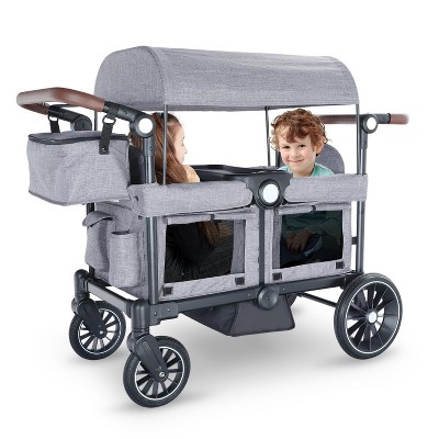 Kinder King Folding Wagon Stroller for 2 Kids, Adjustable Handle, All-Terrain Shock-Absorbing Wheel, Detachable Tray, Diaper Bag, Silver Grey