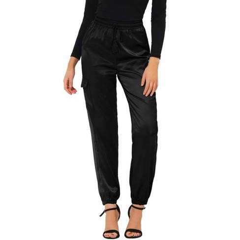 Allegra K Women's Drawstring Elastic High Rise Silky Solid Satin Pants  Black X-Small