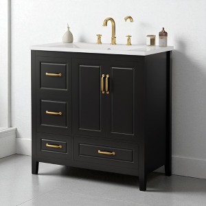 36" Freestanding Bathroom Vanity with Resin Sink, Soft-Close Cabinet & 4 Drawers, Gold Metal Handles, Open Back Design - 1 of 4