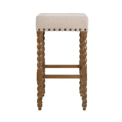 Remick Natural Oak & Linen 30" Rustic Bar Stool with Brass Nailhead Trim