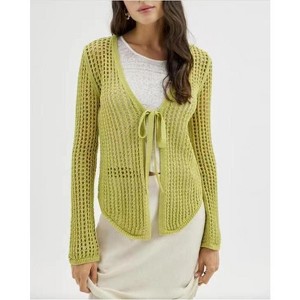 Women's Bikini Cover Up Tie-up Front Crochet Cardigan Tops Long Sleeve V Neck Swimsuit - 1 of 3