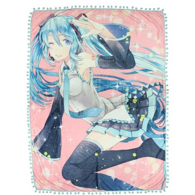 Hatsune Miku Blanket Anime Singer Pom Pom Fleece Throw 45 X 60" Pink