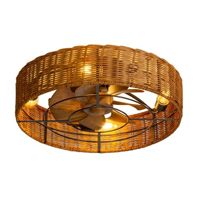 Airsurfer 19" Low Profile Black LED Flush Mount Ceiling Fan with Brown Blades and Remote, Enclosed Cage Design
