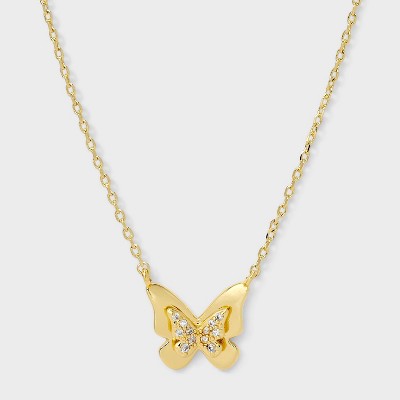 14K Gold Dipped Cubic Zirconia Butterfly Necklace - Gold