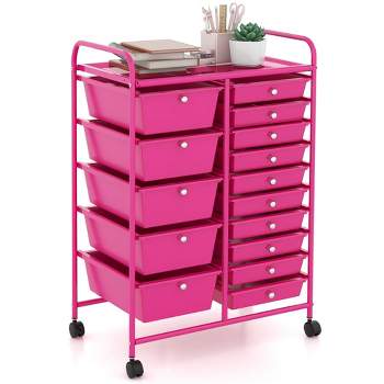 Costway 15-Drawer Rolling Storage Cart Mobile Cart with Colorful Drawers & Metal Frame Hot Pink