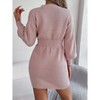 Women's Button V Neck Cable Knit Lantern Sleeve Bodycon Sweater Dress Casual Party Knitted Mini Dress Pink S - 2 of 4