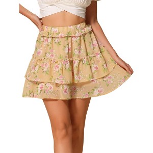 INSPIRE CHIC Women's Layered Ruffle Hem Elastic Waist A-Line Skater Floral Mini Skirt - 1 of 4