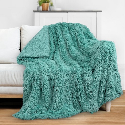 PAVILIA Fluffy Faux Fur Reversible Throw Blanket for Bed Sofa and Couch Teal Throw 50x60