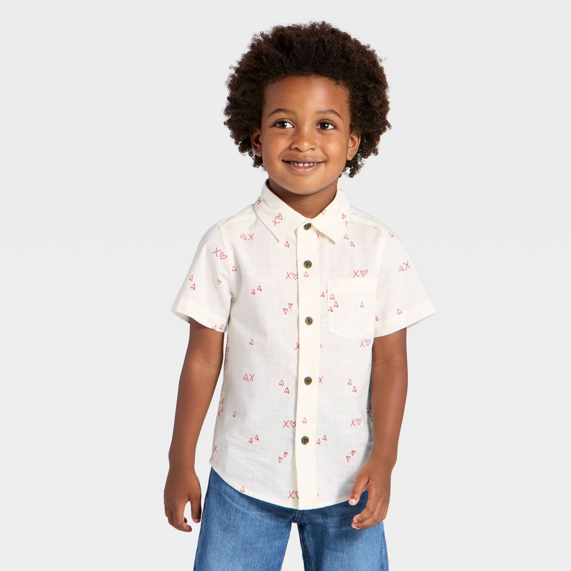 Toddler Boys' Valentine's Day 'XO' Short Sleeve Button-Down Shirt - Cat & Jack™ Cream