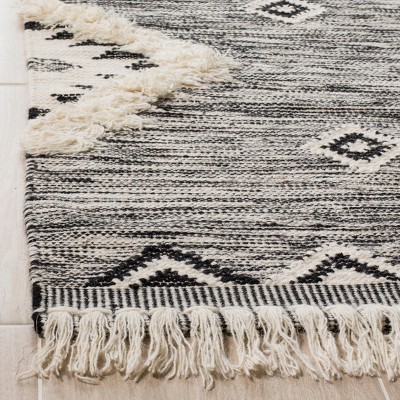 Hand-Knotted Black and Ivory Wool Geometric Area Rug