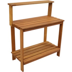 Sunnydaze Outdoor Meranti Wood with Teak Oil Finish Gardening Potting Bench with Storage Shelf - Brown - 1 of 4