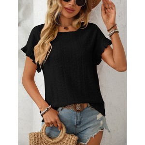 Womens Tops Summer Round Neck Short Sleeve Hollow T Shirt Blouse - 1 of 4