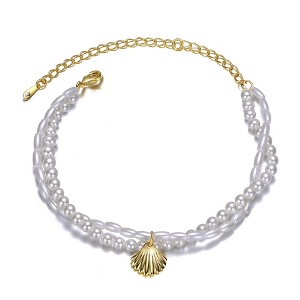 Sterling Silver and 14K Yellow Gold-Plated Pearl Chain Anklet with Dangling Shell, featuring a blend of classic elegance and beach-inspired charm. - 1 of 3