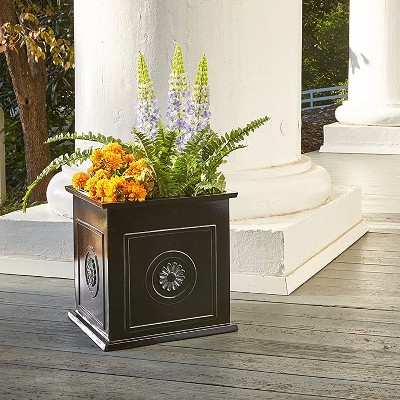 Glossy Black Square Resin Planter with Floral Medallions, 16"