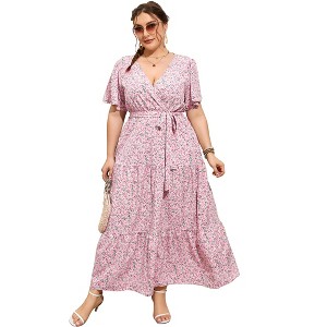 Garvee Women Plus Size V Neck Wrap Maxi Dress High Waist Ruffle Summer Casual Dress with Belt Short Sleeve - 1 of 4