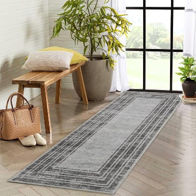 Washable Runner Rugs - Non-Slip Low Pile, Modern Bordered for Hallway, Entryway, Bathroom & Kitchen - Stain Resistant Carpet Mat