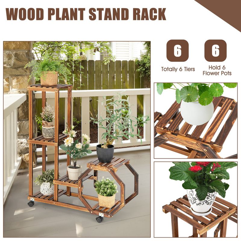 Tangkula 6 Tier 6 Potted Plant Stand Rack 100% Pine Wood Flower Pot Holder Shelf Multi-Layer Flower Stand with Wheels, 3 of 10