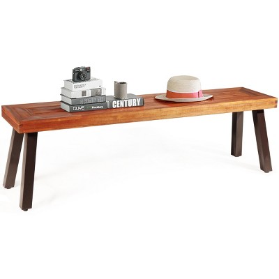 Tangkula Natural Outdoor Acacia Wood Bench Patio Backless Dining Wood Bench
