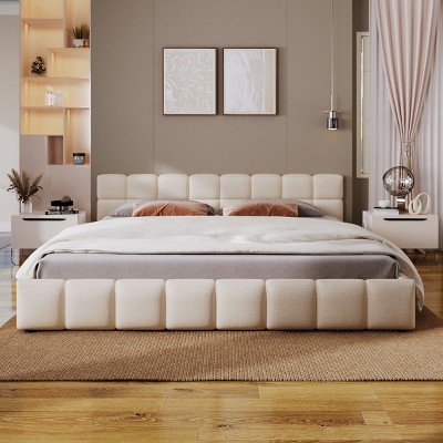 Upholstered Bed with Checkerboard Headboard, Chenille Fabric Platform Bed for Bedroom-Baofuwish
