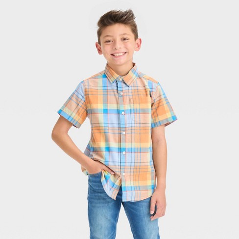 Boys' Short Sleeve Plaid Button-down Shirt - Cat & Jack™ Orange S