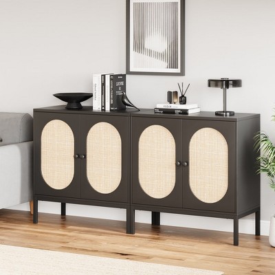 Whizmax 2 Set Sideboard Buffet Cabinet, Rattan Storage Cabinet with Adjustable Shelves for Dining Room, Kitchen, Living Room - Black