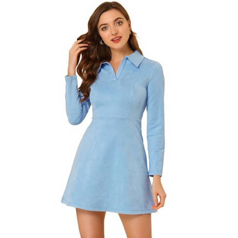 K Women's Faux Suede Lapel Neck Sleeve A-line Mini Dress Light Blue Small :