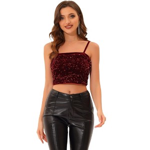 INSPIRE CHIC Women's Club Party Velvet Spaghetti Strap Crop Sequined Cami Top - 1 of 4