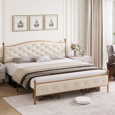 Whizmax Bed Frame, Strong Wood Slat Support Bed Frame with Velvet and Button Tufted Upholstered