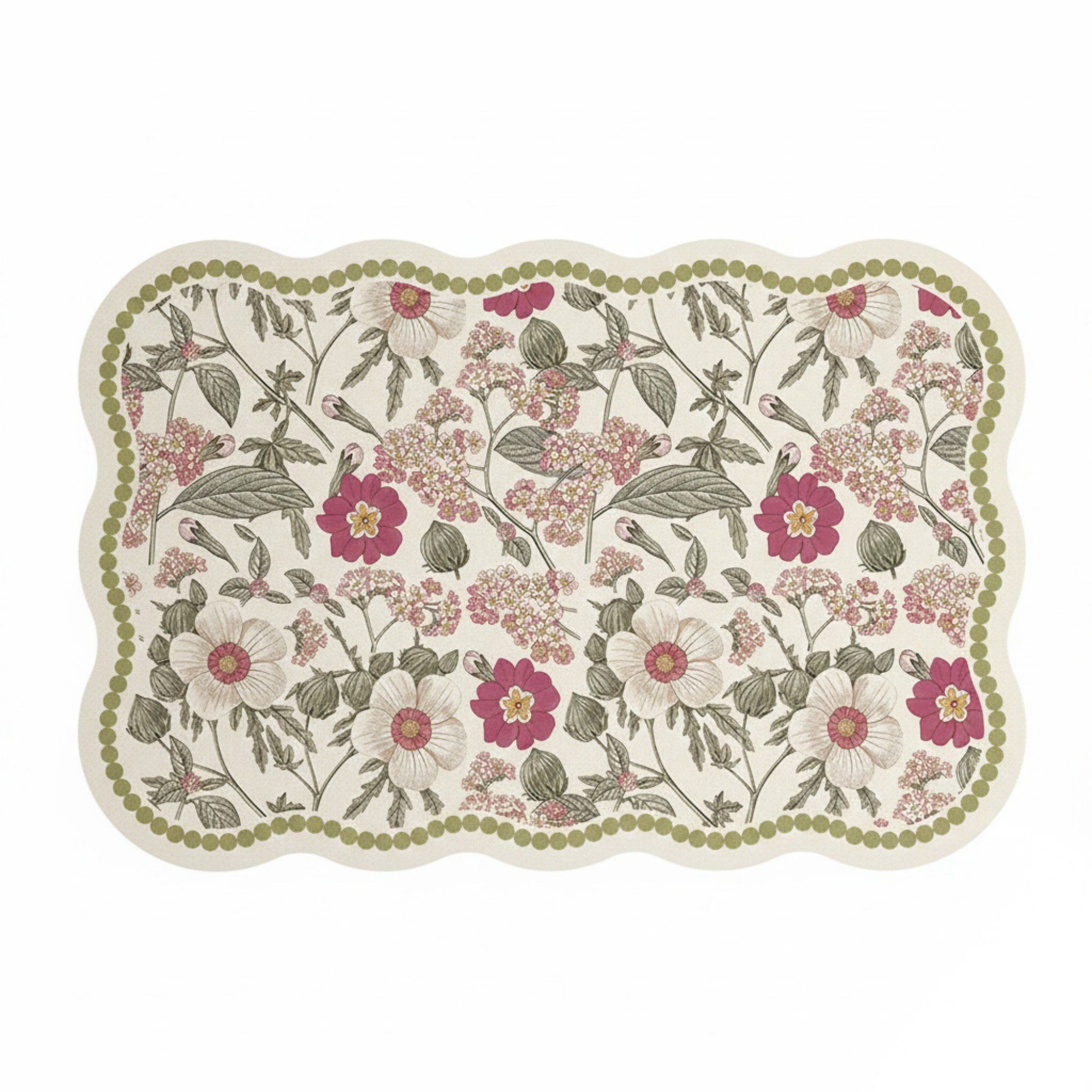Alilang Floral Vine Pattern Scalloped Bathroom Floor Mat Soft Absorbent with Non Slip Backing -Off White