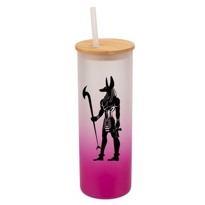 Elanze Designs Anubis Guardian of the Afterlife Pink Frosted Gradient Glass Tumbler with Bamboo Lid & Straw 25 ounce Reusable Iced Coffee or Water