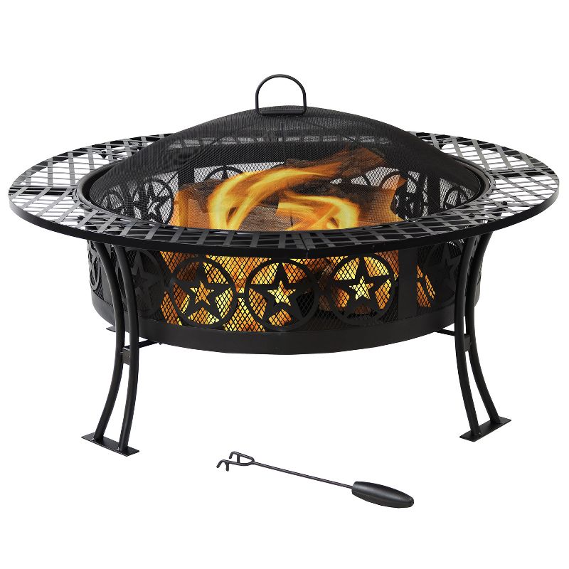 Sunnydaze Outdoor Camping or Backyard Steel Round Four Star Fire Pit Table with Spark Screen - 40" - Black, 1 of 12