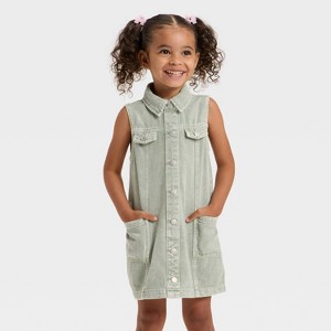 Toddler Girls' Sleeveless Denim Dress - Cat & Jack™ Olive Wash - 1 of 3