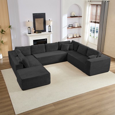 Mjkone Corduroy 141'' Deep Seat Modular Sectional Sofa, Modern 8-Seater U-Shape Sofa Couch with Moveable Ottoman