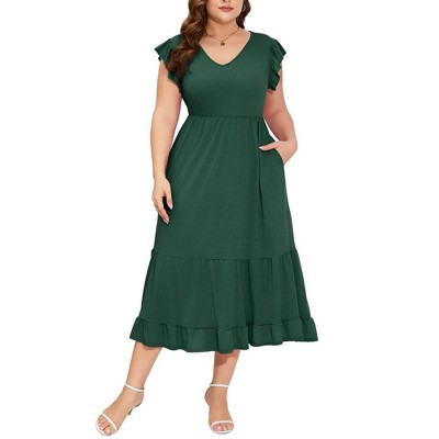 Whizmax Women's Plus Size Summer Casual Short Sleeve V-Neck Smocked Elastic Waist Tiered Midi Dress