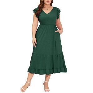 Whizmax Women's Plus Size Summer Casual Short Sleeve V-Neck Smocked Elastic Waist Tiered Midi Dress - 1 of 4
