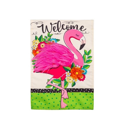 Evergreen Floral Flamingo Welcome Linen Garden Flag 12 x 18 Inches Indoor Outdoor Decor